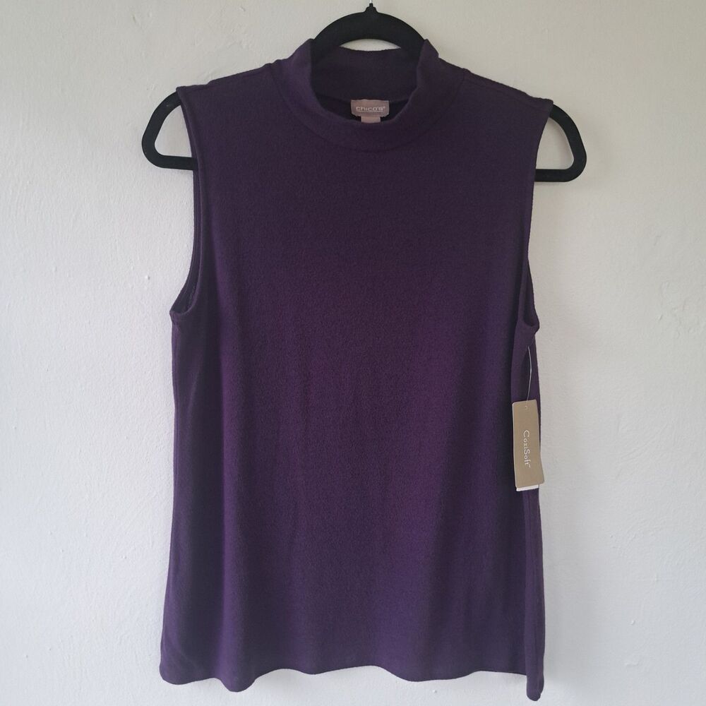 NEW Chicos Size 1 Purple Cozisoft Tank Top Turtleneck Mock Knit Luxury Medium